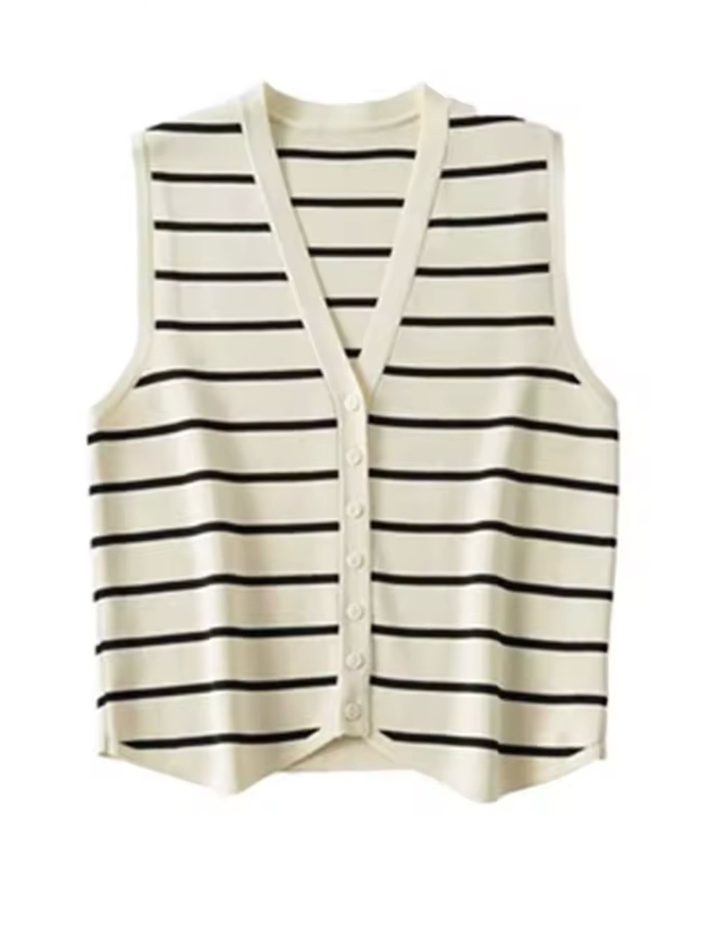 Classic Striped V-Neck Button Front Knit Vest - Cream & Black